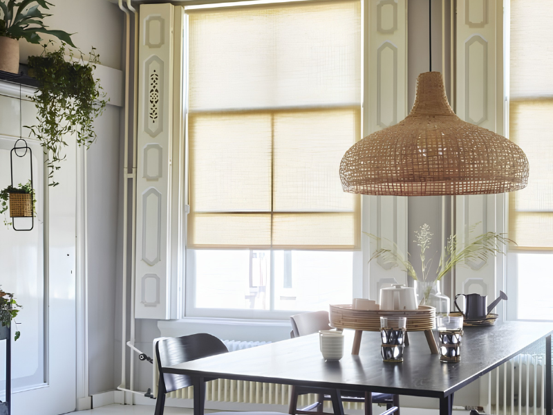 Beige rolgordijnen in eetkamer