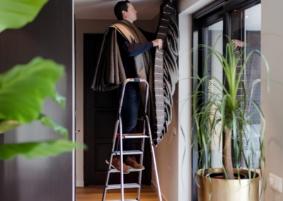 Monteur hangt gordijnen op maat op
