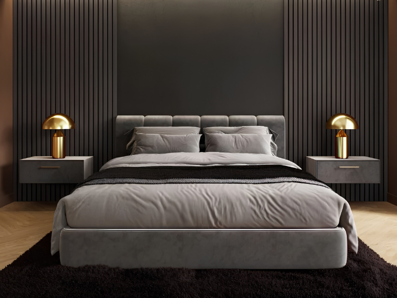 Donkere houten wandpanelen achter bed voor luxe slaapkamer - AC Mooi Wonen Culemborg