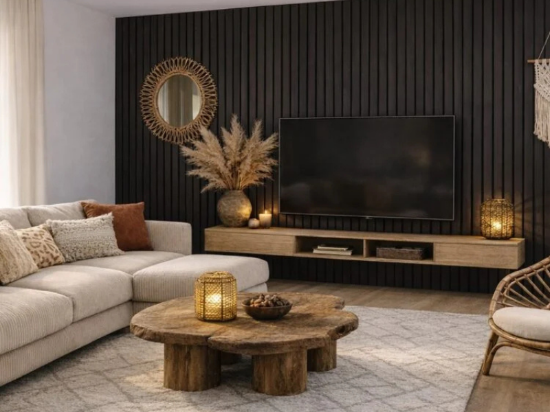 Zwarte houten lattenwand in woonkamer - AC Mooi Wonen Culemborg