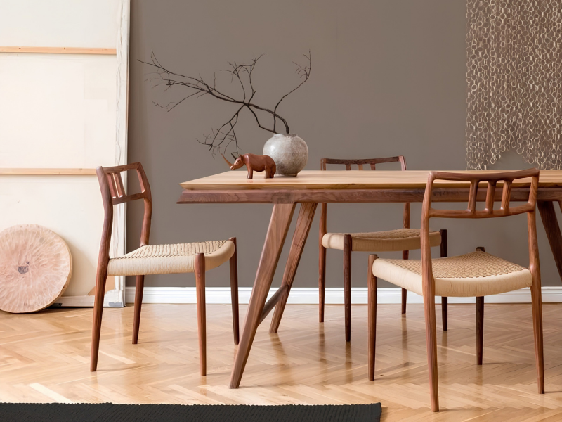 Warme taupe muurverf in eethoek met houten meubels
